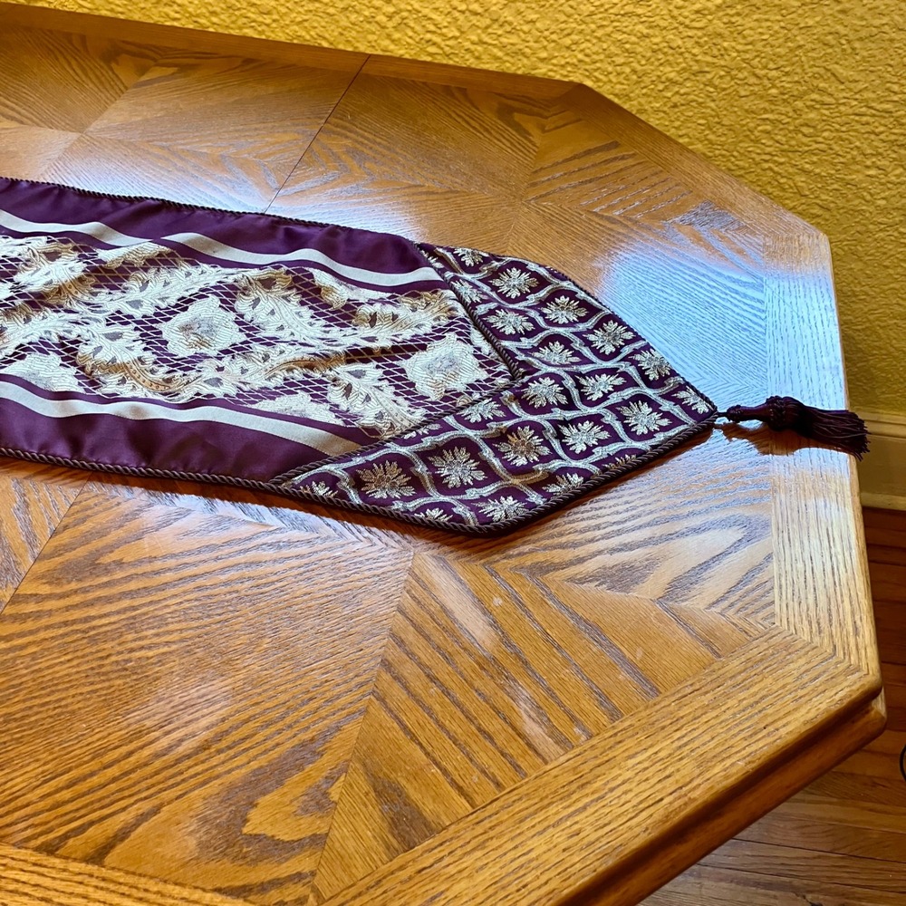 Brocade Table Runner Dark Purple Gold Tassel Victorian Damask Elegant Royalcore